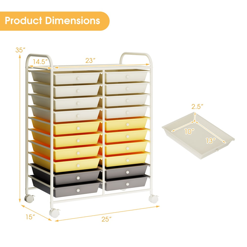 20-Drawer Rolling Storage Cart Organizer with Large Capacity Drawers for Craft Room and Studio, Yellow