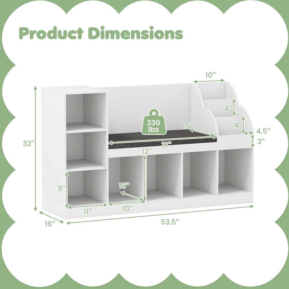 Kids Bookcase 3 in 1 Standing Toy Organizer with Reading Nook 7 Cubbies 3 Tier 53.5 x 16 x 32 in. ASTM CPSIA