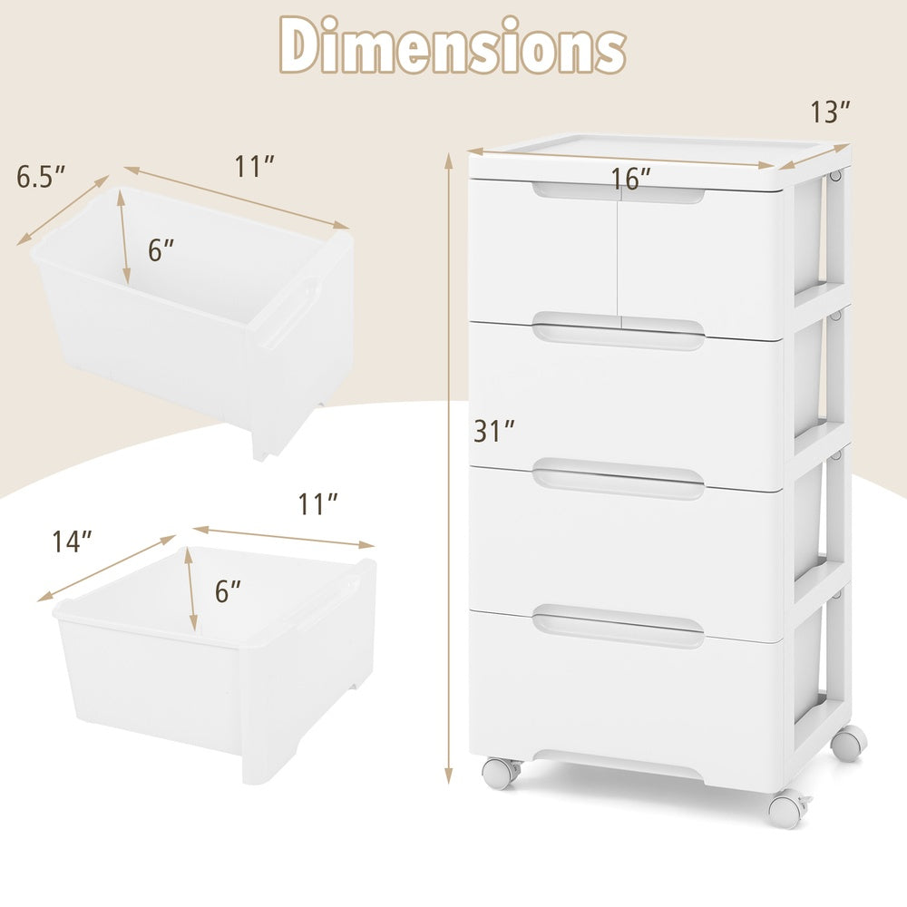 Rolling Storage Cabinet 5 Drawers 4 Universal Wheels (2 Lockable) PP Tool Free Cabinet Top Dual Handle