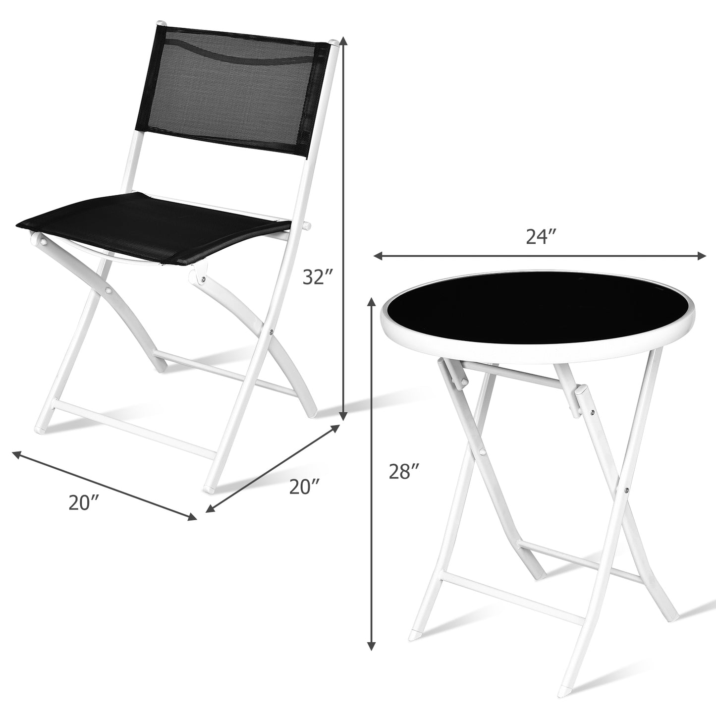 3 Piece Textilene Patio Bistro Table Set with Glass Table and Folding Design