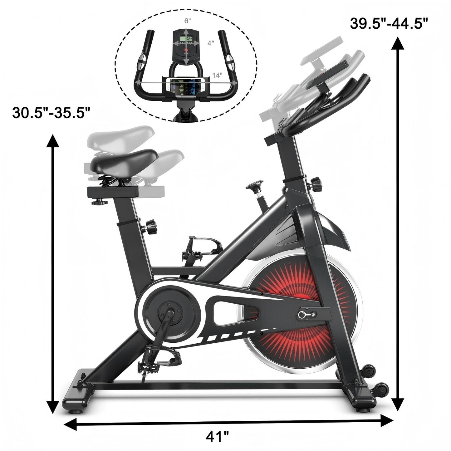 Indoor Cycling Bike Silent Belt Drive Adjustable Resistance LCD Display Phone Holder 2-Way Handle 4-Way Seat Transport