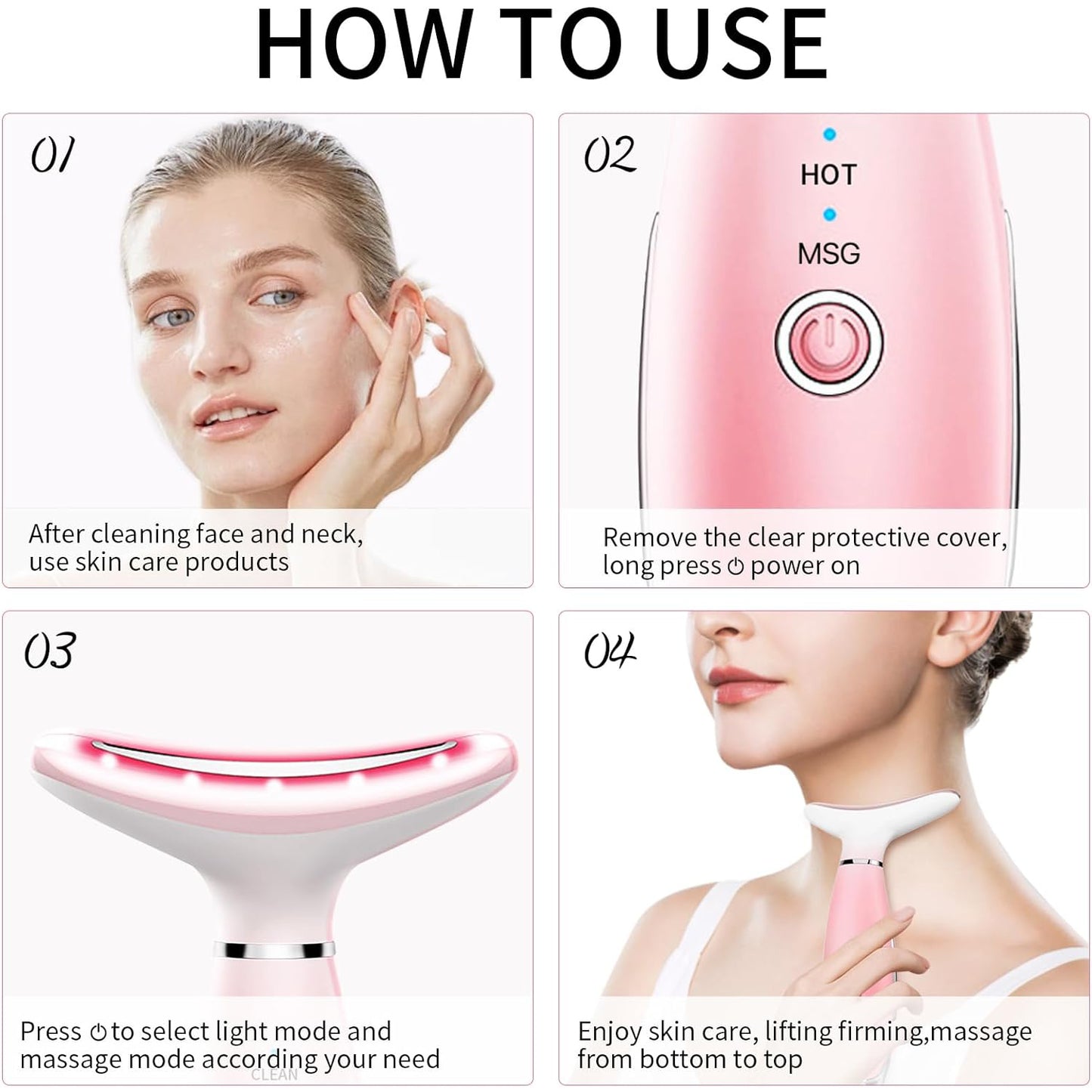 3-in-1 Face and Neck Massager with Heat and Vibration, Rechargeable Skin Care Tool, Pink