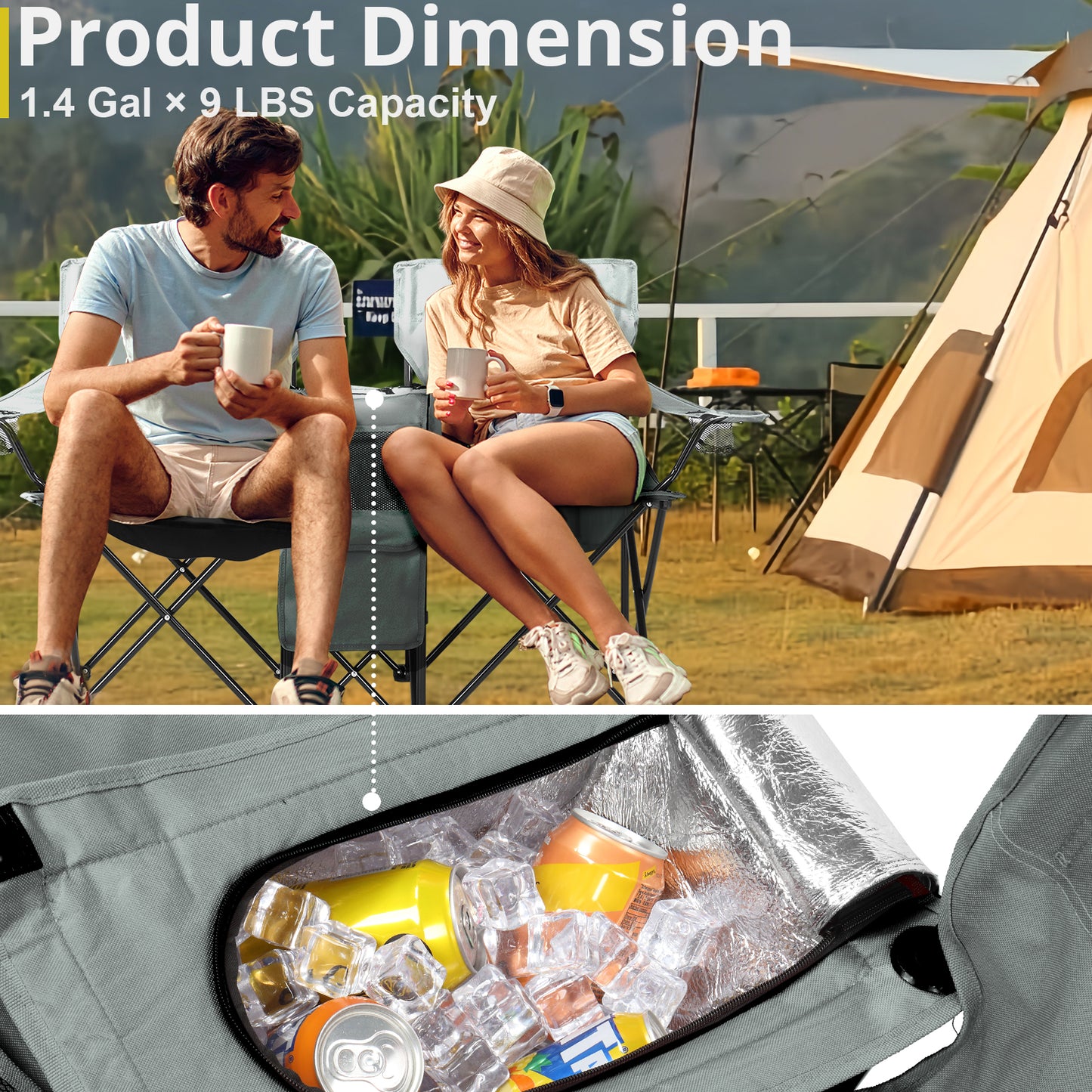 Portable 2-Seat Folding Chair with Removable Sun Umbrella, Outdoor Loveseat, Grey