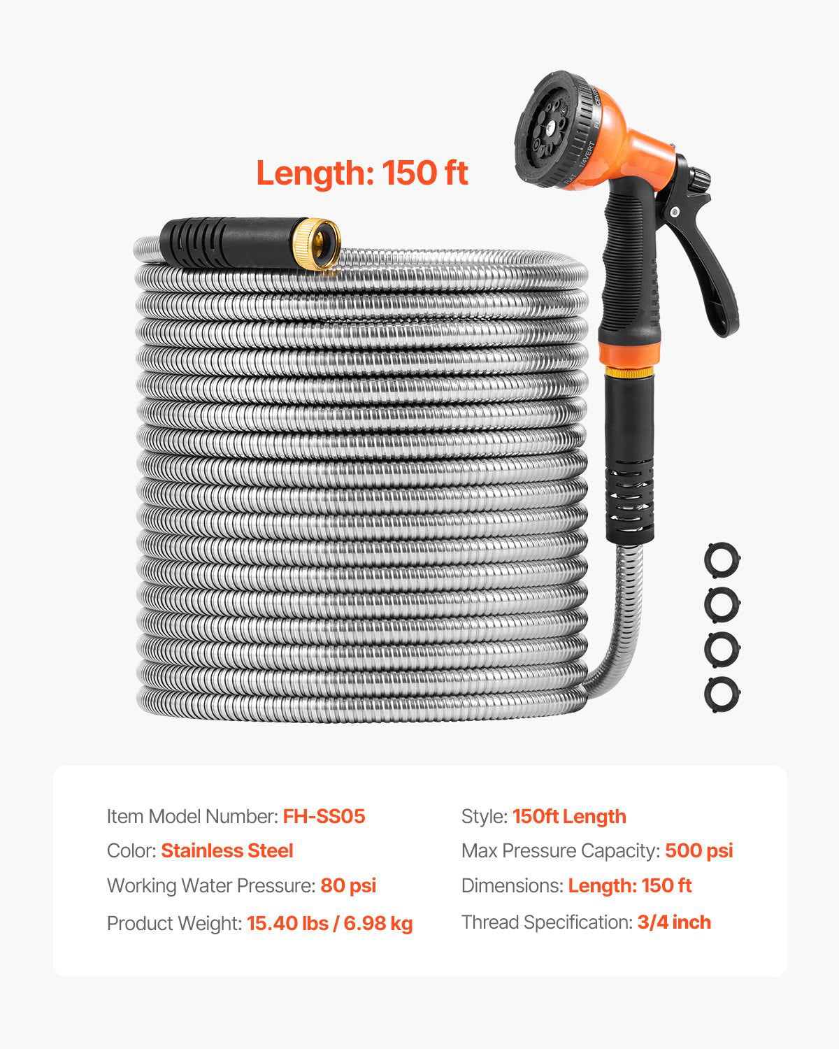 Metal Garden Hose 150 ft 201 Stainless Steel Rust-Proof No-Kink Flexible Water Hose 10-Function Nozzle
