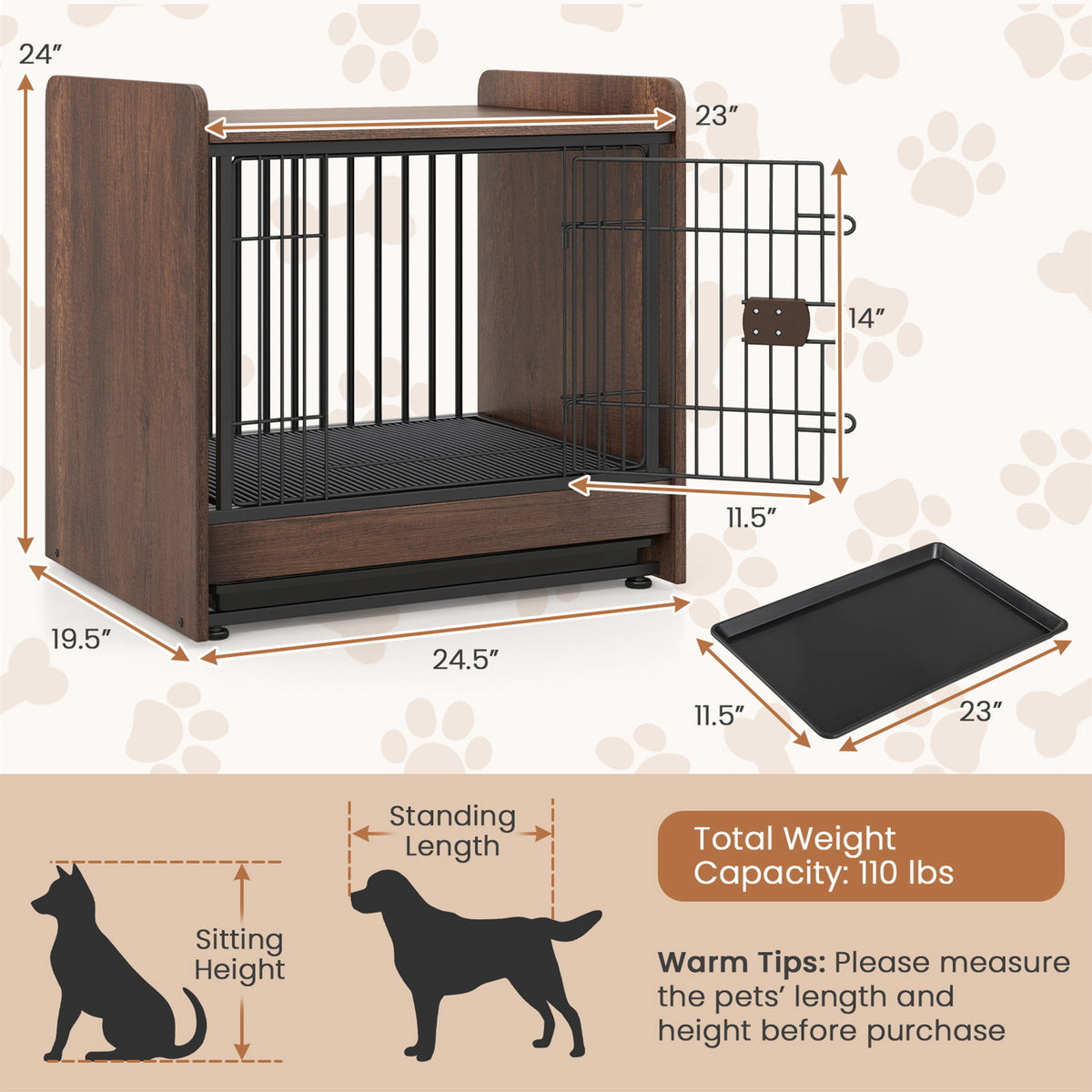 Dog Crate Side End Table 2-in-1 Indoor Cage + Removable Tray + Lockable Door 23 in. x 47.5 in. x 15.5 in.