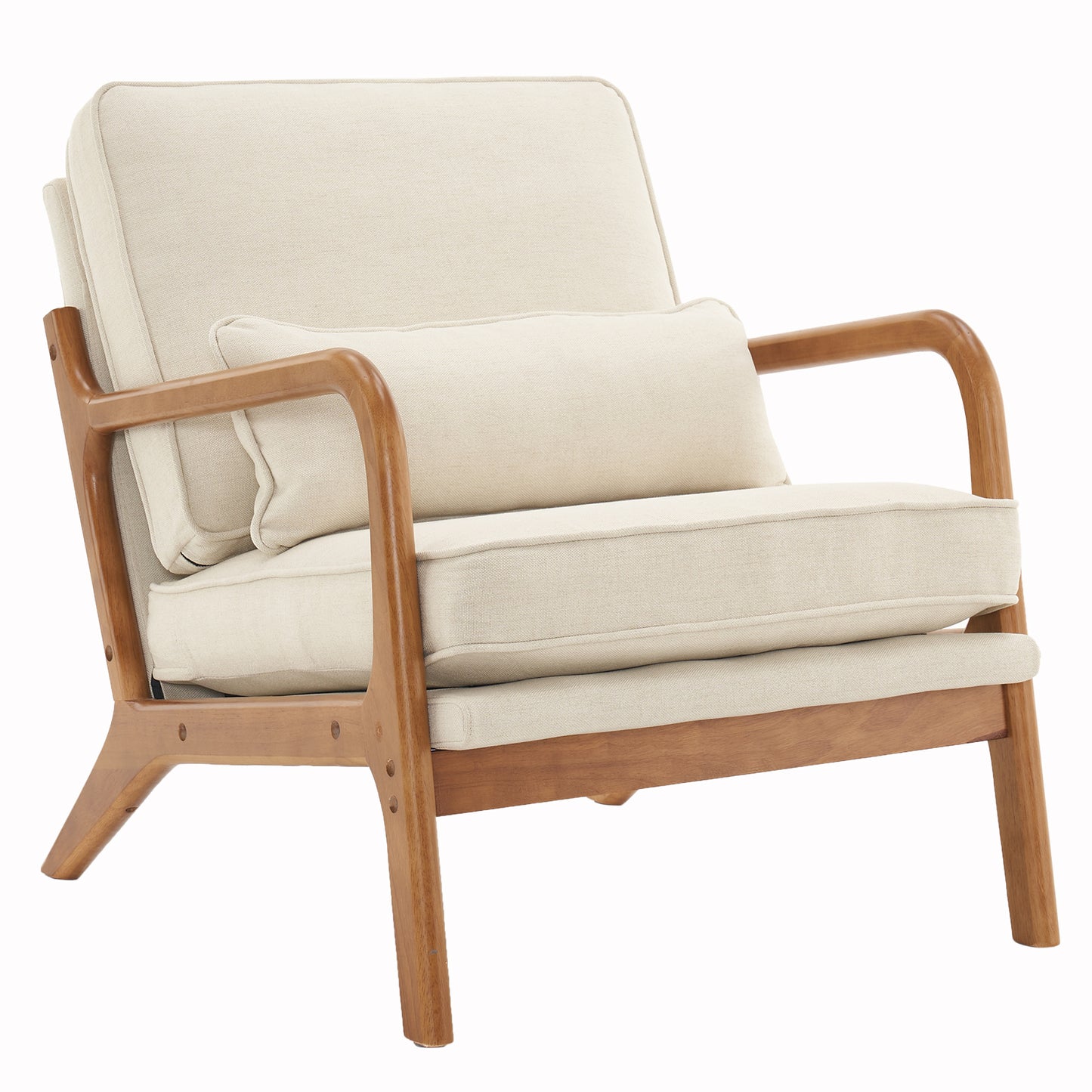 Upholstered Single Lounge Chair with Solid Oak Armrests, Accent Armchair, Off-White