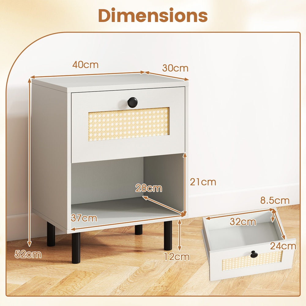 Rattan Nightstand Boho End Table with Rattan Drawer and Open Shelf Set of 2-White