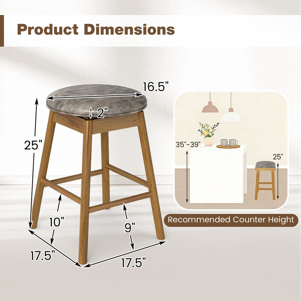 Set of 2 25 in. Swivel Counter Bar Stools Solid Rubber Wood Legs Footrest PU Leather Backless 35-39 in.
