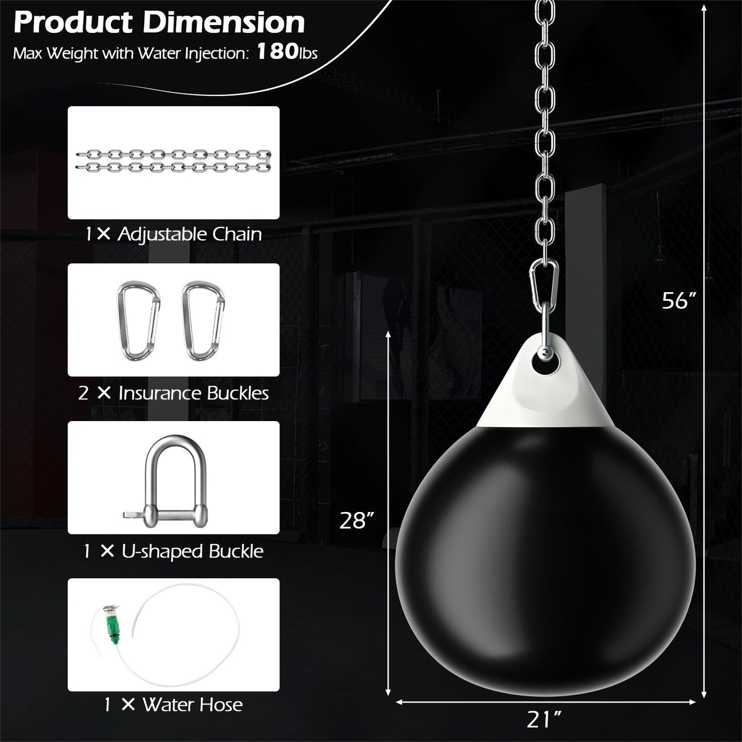 21 in. Water Punching Bag PVC High-Rebound 70-80 Percent Water Fill Adjustable Metal Chain Safety Buckles Indoor Outdoor