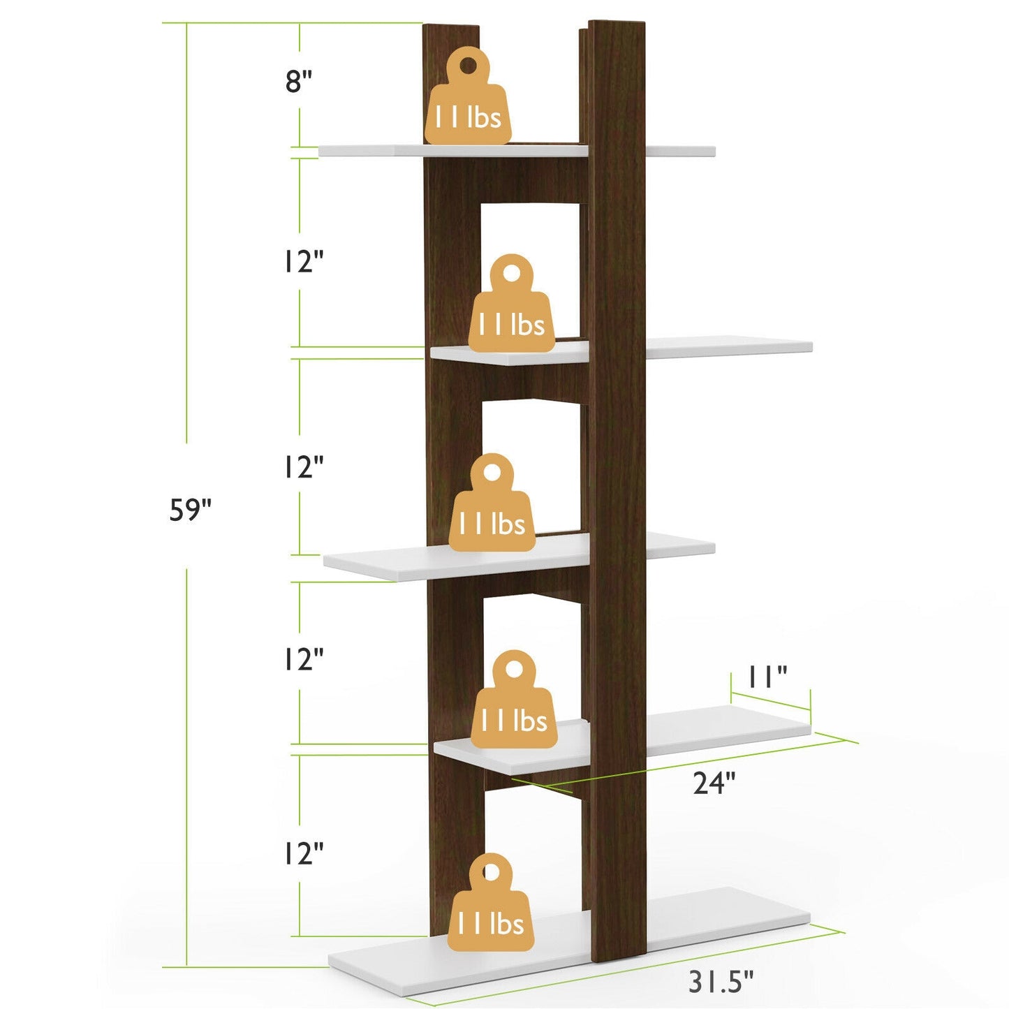 5-Tier Freestanding Bookcase Storage Shelf with Open Shelves and Anti-Tipping Safety Device