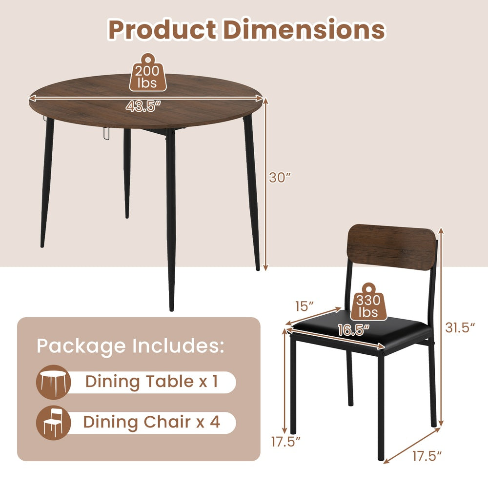 5-Piece Round Dining Table Set with Drop Leaf Top and 4 Upholstered Chairs, Brown