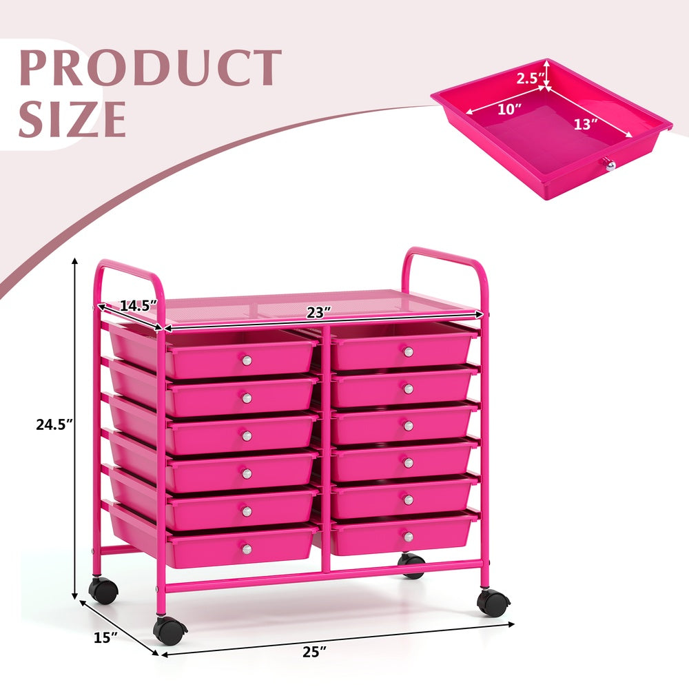 12-Drawer Rolling Storage Cart for Home and Office with Lightweight Frame and Easy Pull Drawers, Hot Pink