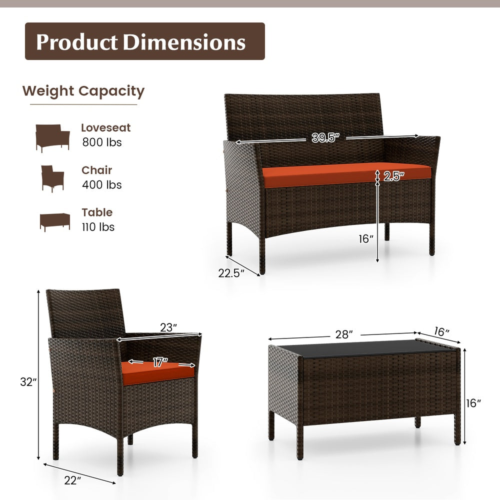 4 Piece Outdoor Resin Wicker Seating Group with Cushions and Glass Table