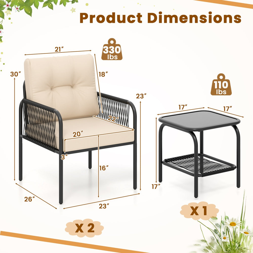 3 Piece Patio Seating Set PE Rattan with Cushions and Glass Table