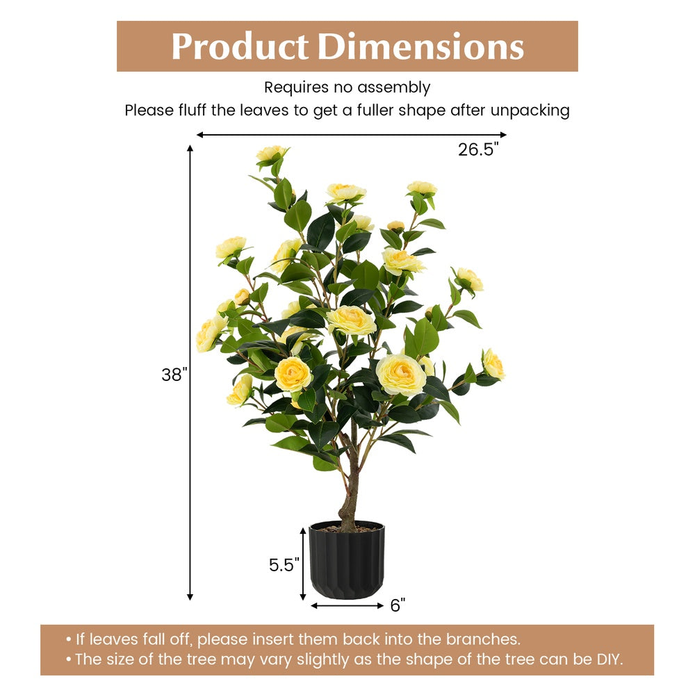 Set of 2 38 in. Artificial Camellia Trees in Cement Pots, Faux Yellow Flower Plants for Home and Patio