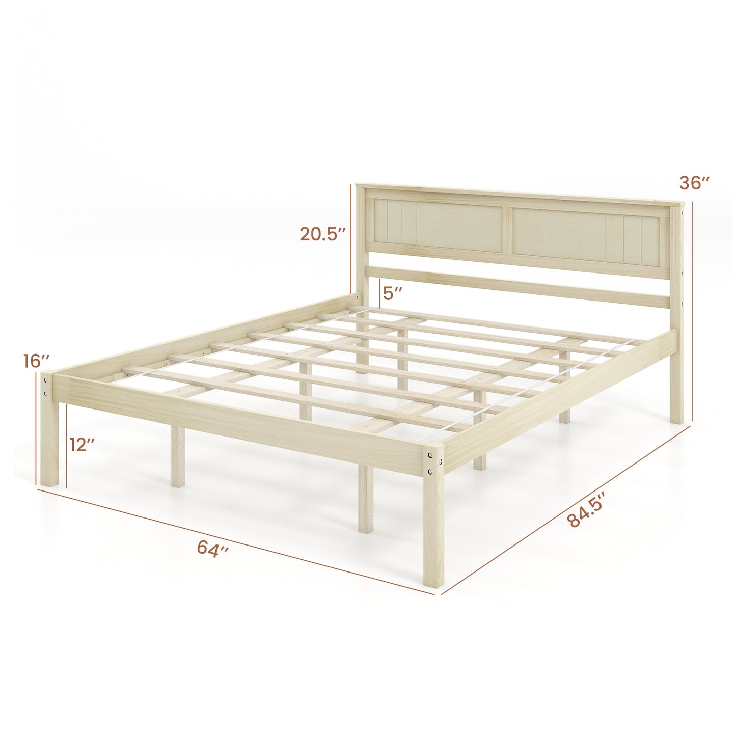 Queen Size Wooden Bed Frame with Headboard and Slat Support-Queen Size
