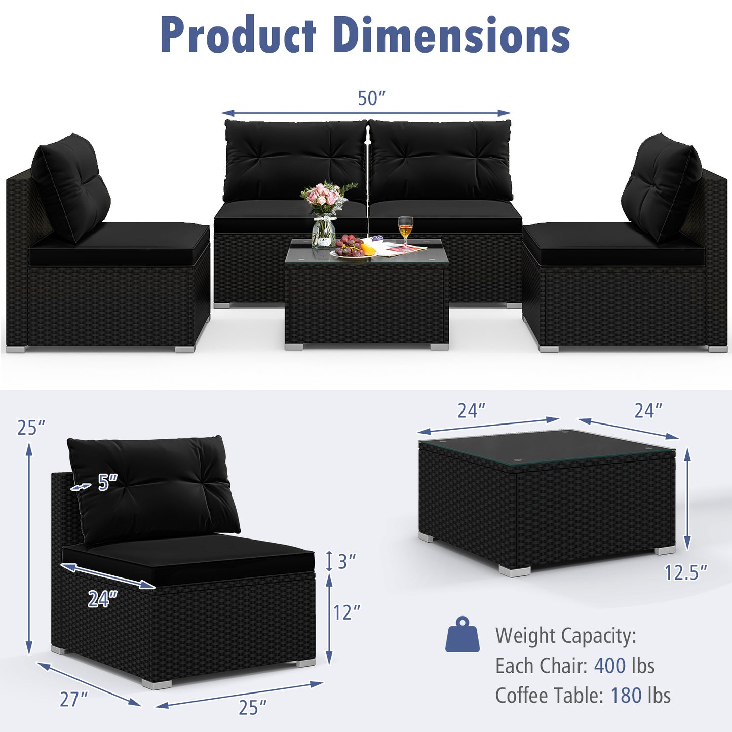 5-Piece Outdoor PE Rattan Patio Furniture Set with Cushions and Table