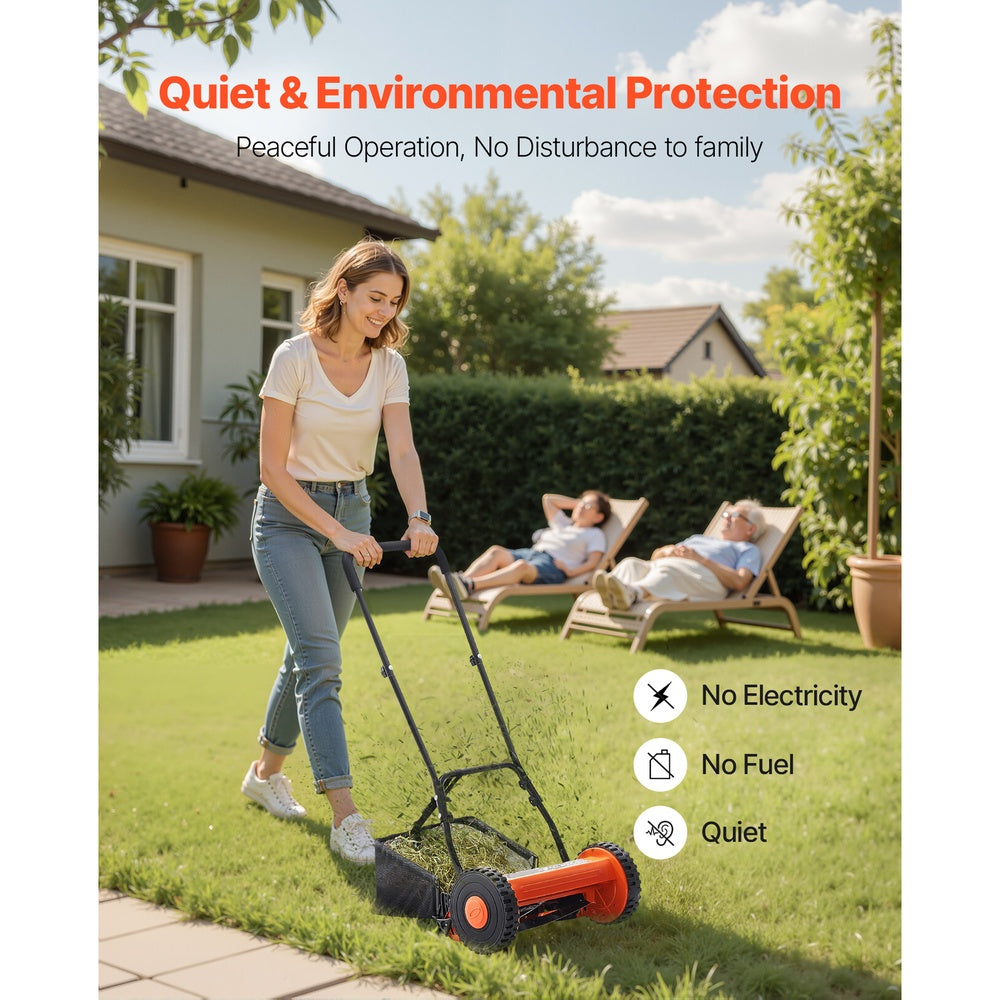 Push Reel Lawn Mower 14 in 5-Blade Manual No-Motor 0.6-1.75 in Adjustable Cutting Height w/Grass Catcher Bag