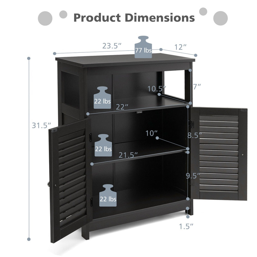 Freestanding Bathroom Cabinet with Double Shutter Doors Open Shelves and 3-Position Adjustable Shelf