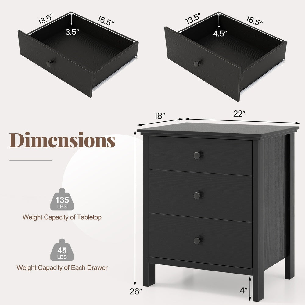 3-Drawer Wooden Nightstand Modern Bedside Table-Black