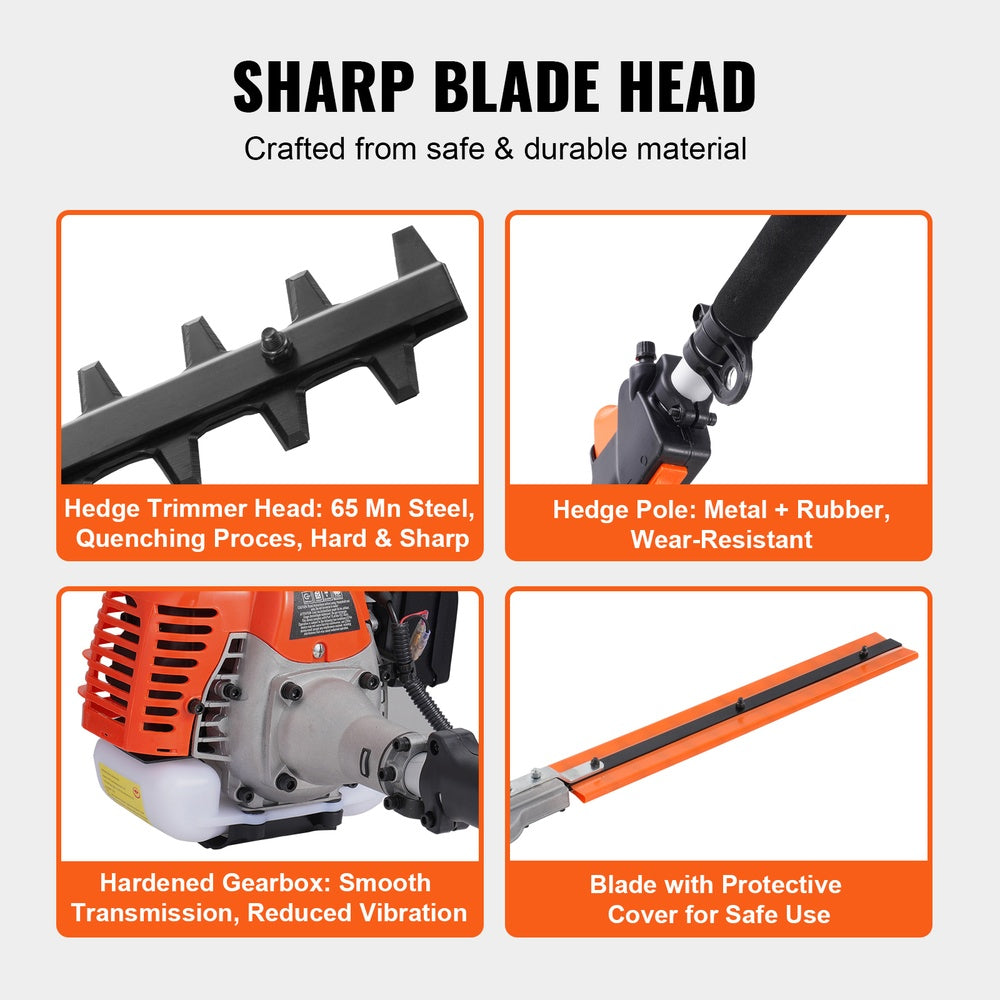 26cc 5-in-1 Gas Multi-Trimmer Hedge Trimmer Weed Eater String Trimmer Edger Pole Saw Chainsaw 6500 RPM with Extension