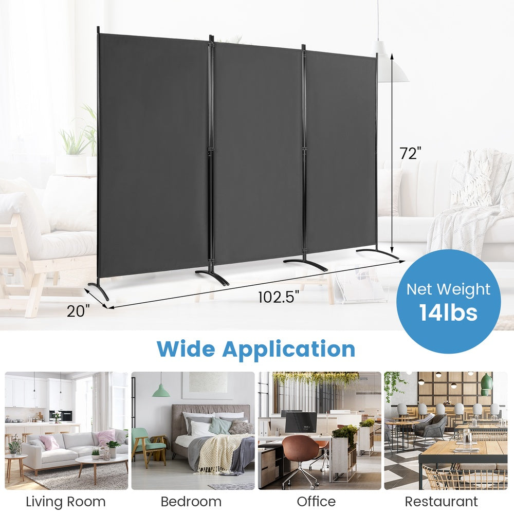 6 ft. 3-Panel Room Divider Privacy Screen with Durable Hinges and Steel Base for Home, Gray