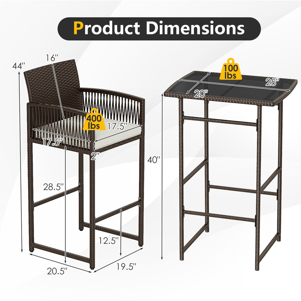 3 Piece PE Rattan Bar-Height Patio Set with Cushions and Glass Table