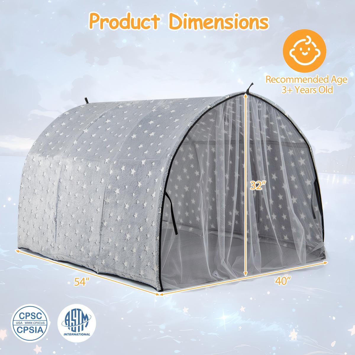 Kids Dream Bed Tent Twin Bunk + Glow-in-the-Dark Star + Star Light String + 40 in. Width + Flannel Fiberglass Pole