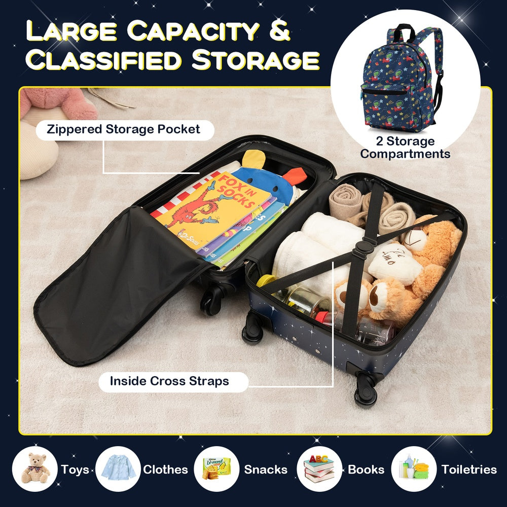 5-Piece Kids Luggage Set with Rolling Suitcase, Backpack, Lunch Bag, Neck Pillow and Name Tag, Dark Blue