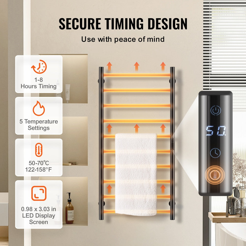 10-Bar Heated Towel Rack 39.37 x 19.69 in. 120 V Wall Mounted Towel Warmer IPX5 Timer LED Display 5 Temps