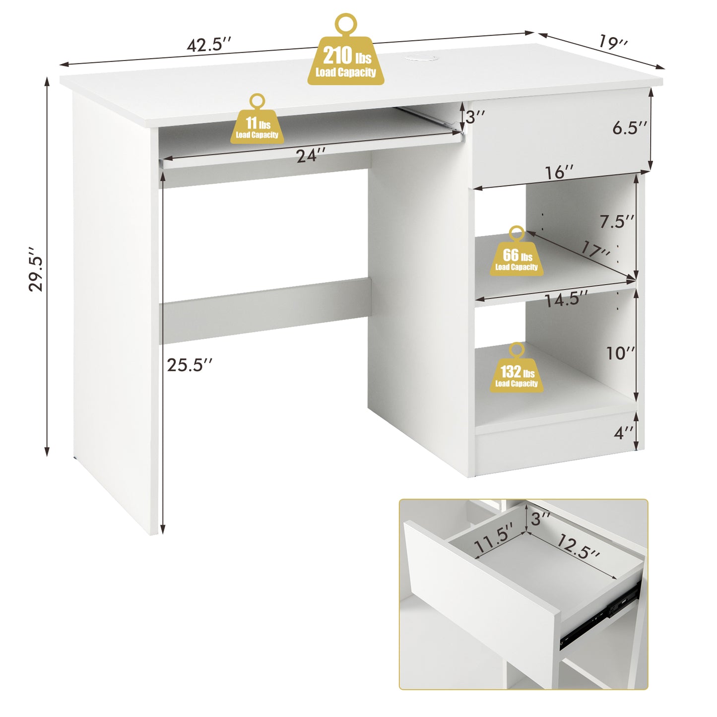 Wooden Computer Desk with CPU Stand Pull Out Keyboard Tray Drawer Adjustable Shelf Cable Hole 210 lb.