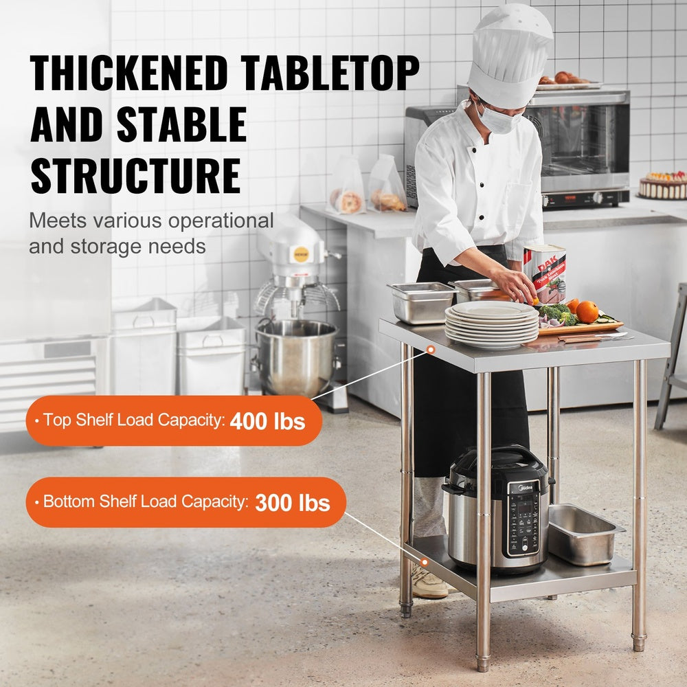 Stainless Steel Prep Table with Adjustable Undershelf, 24 in. x 24 in. x 34 in., 700 lb Capacity, for Kitchens