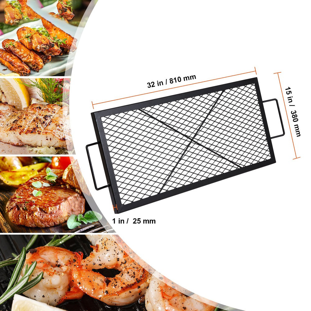 X-Marks Fire Pit Grill Grate 32 in Rectangle Heavy-Duty Steel Campfire BBQ Grill Handle X Wire Black