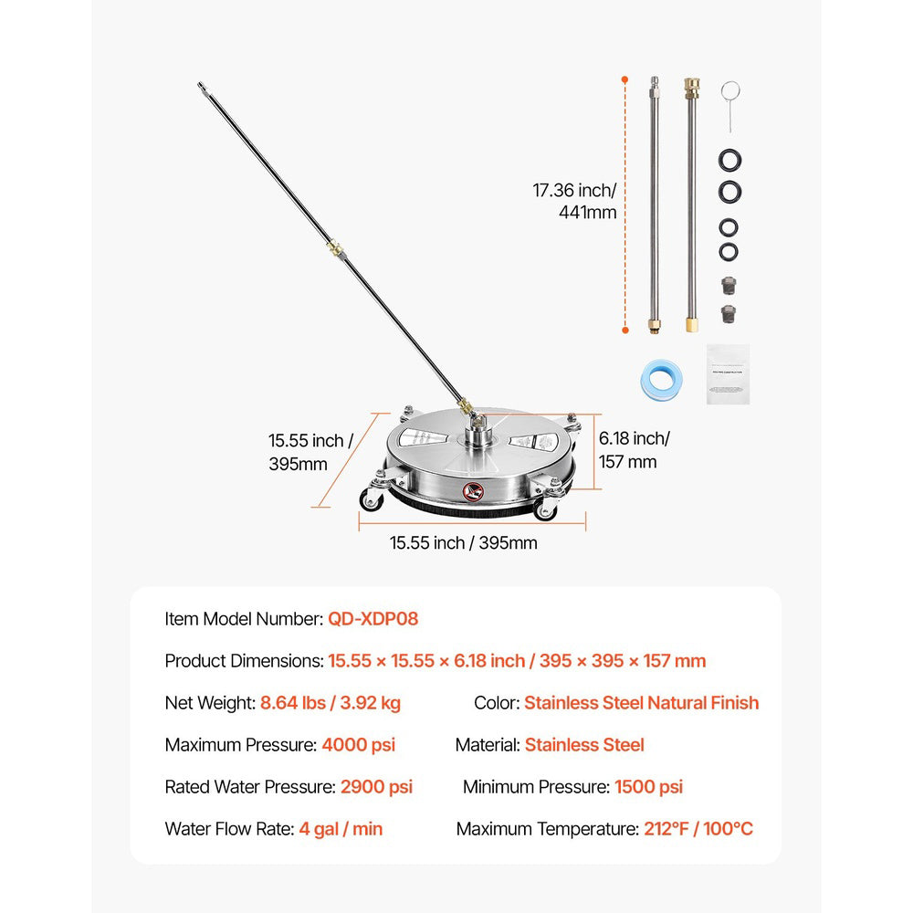 15 in Pressure Washer Surface Cleaner Stainless Steel 4000 Max PSI 4 gal/min 4 Wheels 1/4 in Quick-Connect