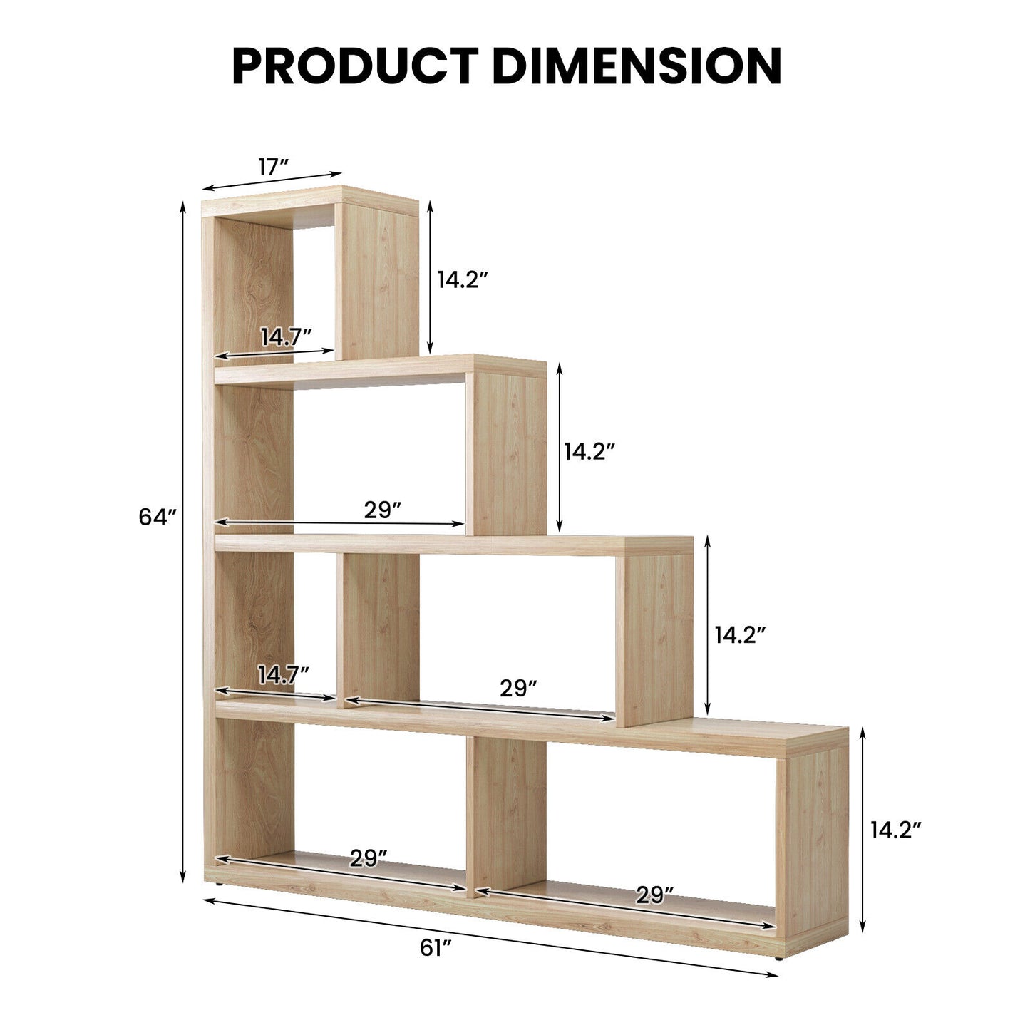 4-Tier Stair Bookcase with 6 Cubes Open Display Shelves for Storage, Natural Finish