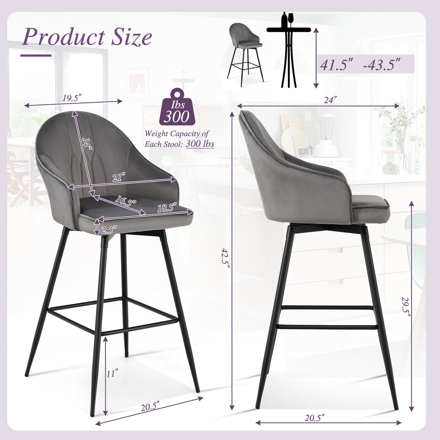 Velvet Bar Stools Set of 2 Pub Height 29.5 in. with Metal Legs 360 Swivel 300 lb. Curved Back Footrest