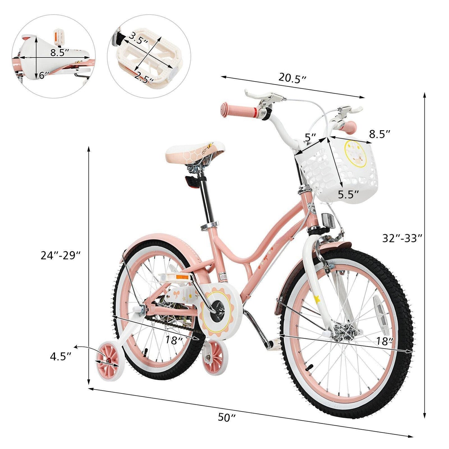 18 Inch Kids Adjustable Bike Toddlers with Training Wheels Pink