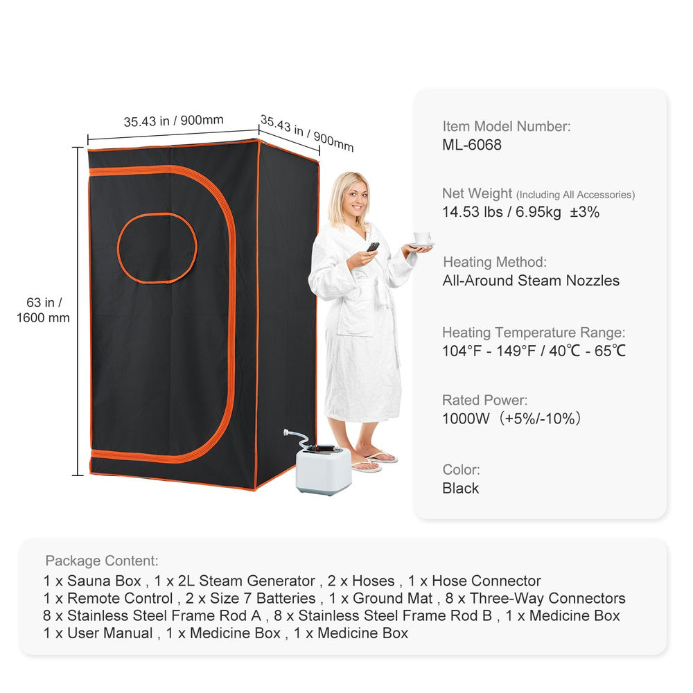 Portable Steam Sauna Tent 1000W Personal Sauna Kit Home Spa Remote Timer Temp Control 2L Steam Pot Floor Mat