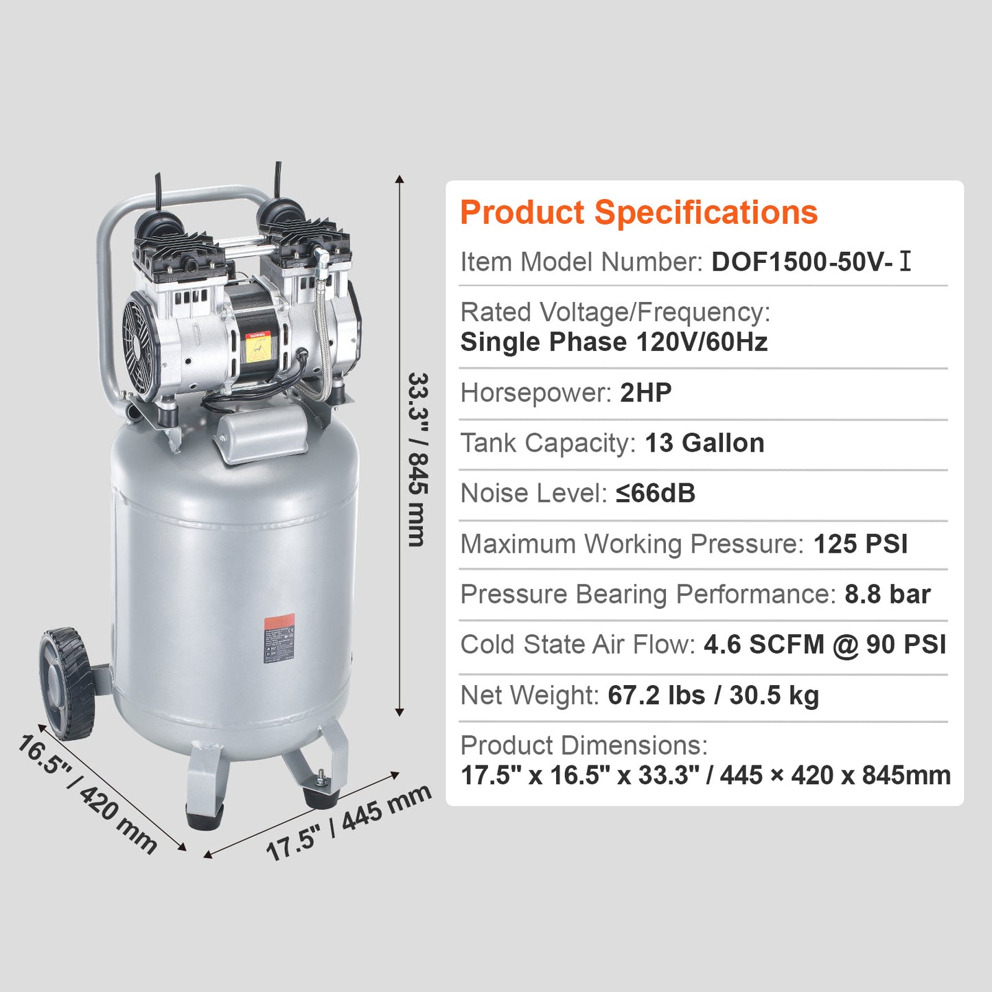 13 Gallon Air Compressor, 2HP 4.6 Oil Free Air Compressor Tank, 66dB Ultra-Quiet Compressor for Tire Inflation, Auto Repair, Woodwork Nailing, Spray Painting (125PSI Max Pressure)