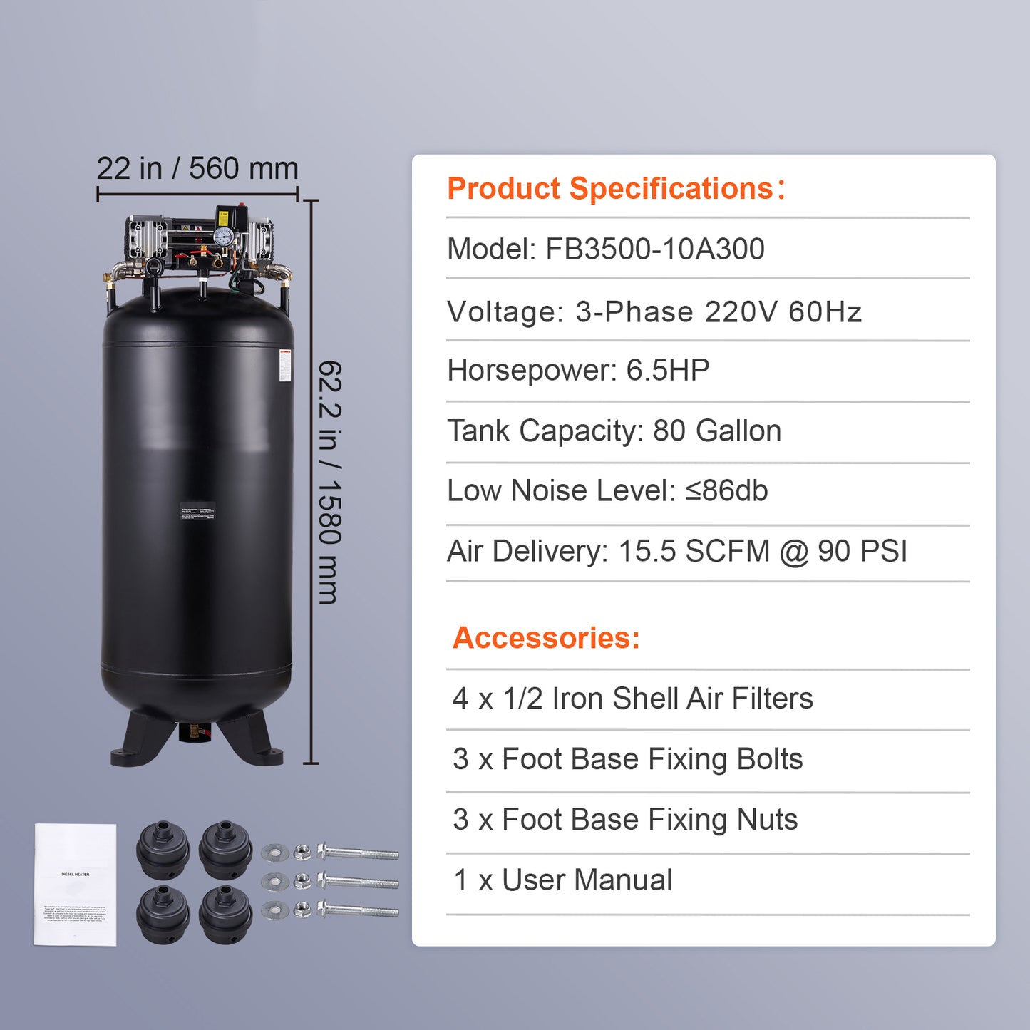 80 Gallon Air Compressor, 6.5HP 15.5 PSI, 2-Stage 145PSI Oil Free Stationary Air Compressor Tank for Industrial Manufacturing, Construction Sites (3-Phase Power, 220V 60 Hz)