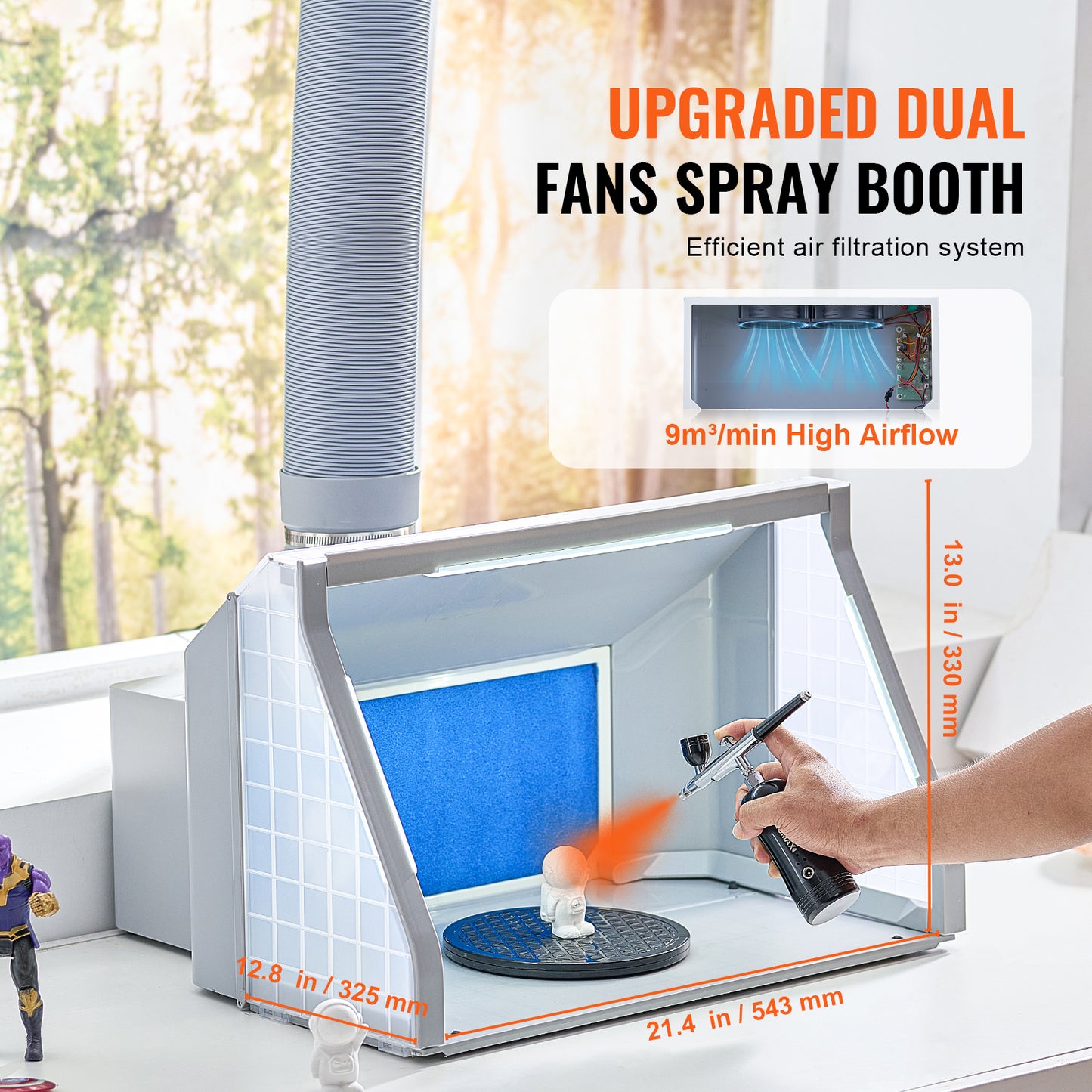 Airbrush Spray Booth, Dual-Fans Portable Hobby Airbrush Paint Spray Booth Kit with LED Lights and Exhaust Extension Hose, Airbrush Paint Booth for Painting Models, Arts, Crafts, Cakes