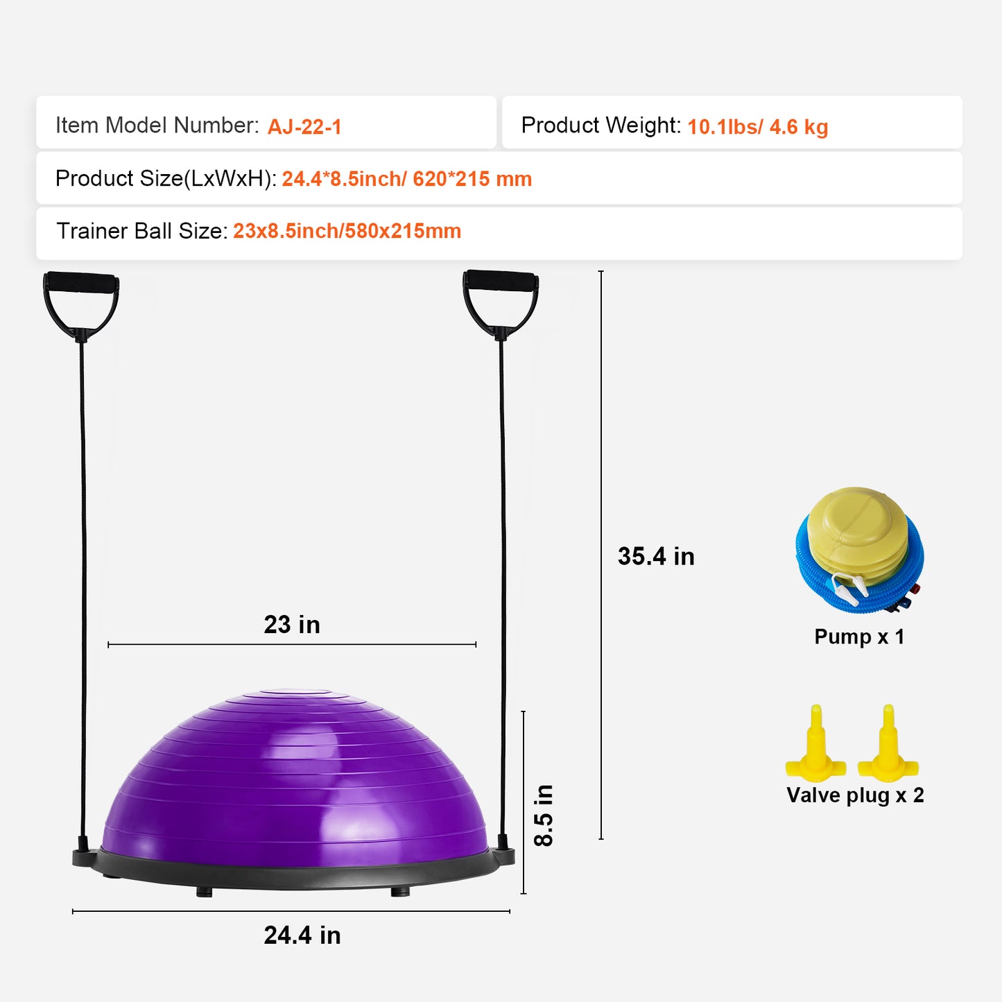 Half Exercise Ball Trainer 23 in. 660 lb. Capacity, Resistance Bands Foot Pump, Yoga Balance Ball, Purple