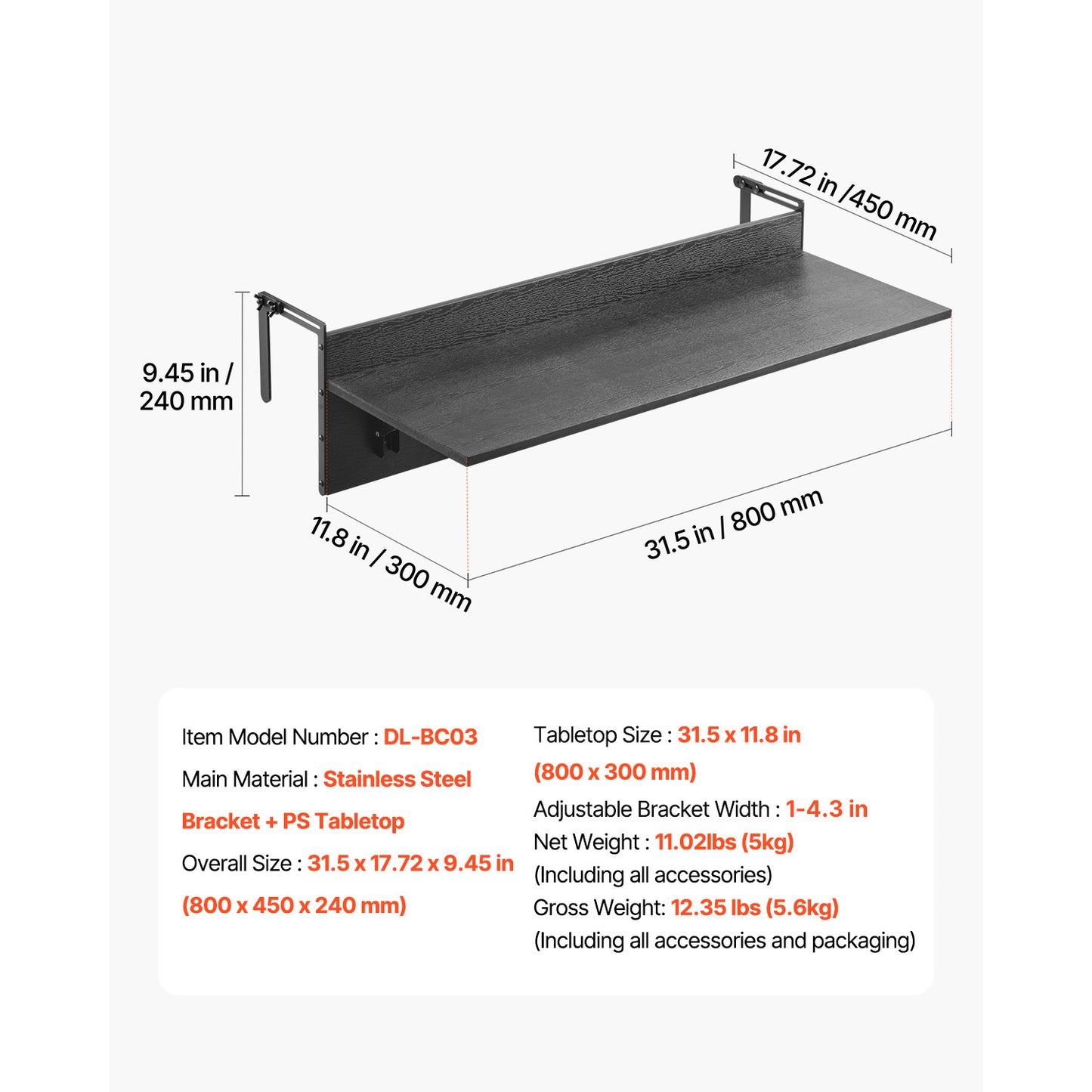 Balcony Hanging Table 12 x 32 in., Folding Railing Bar Table 50 lb. Capacity for Patio Deck