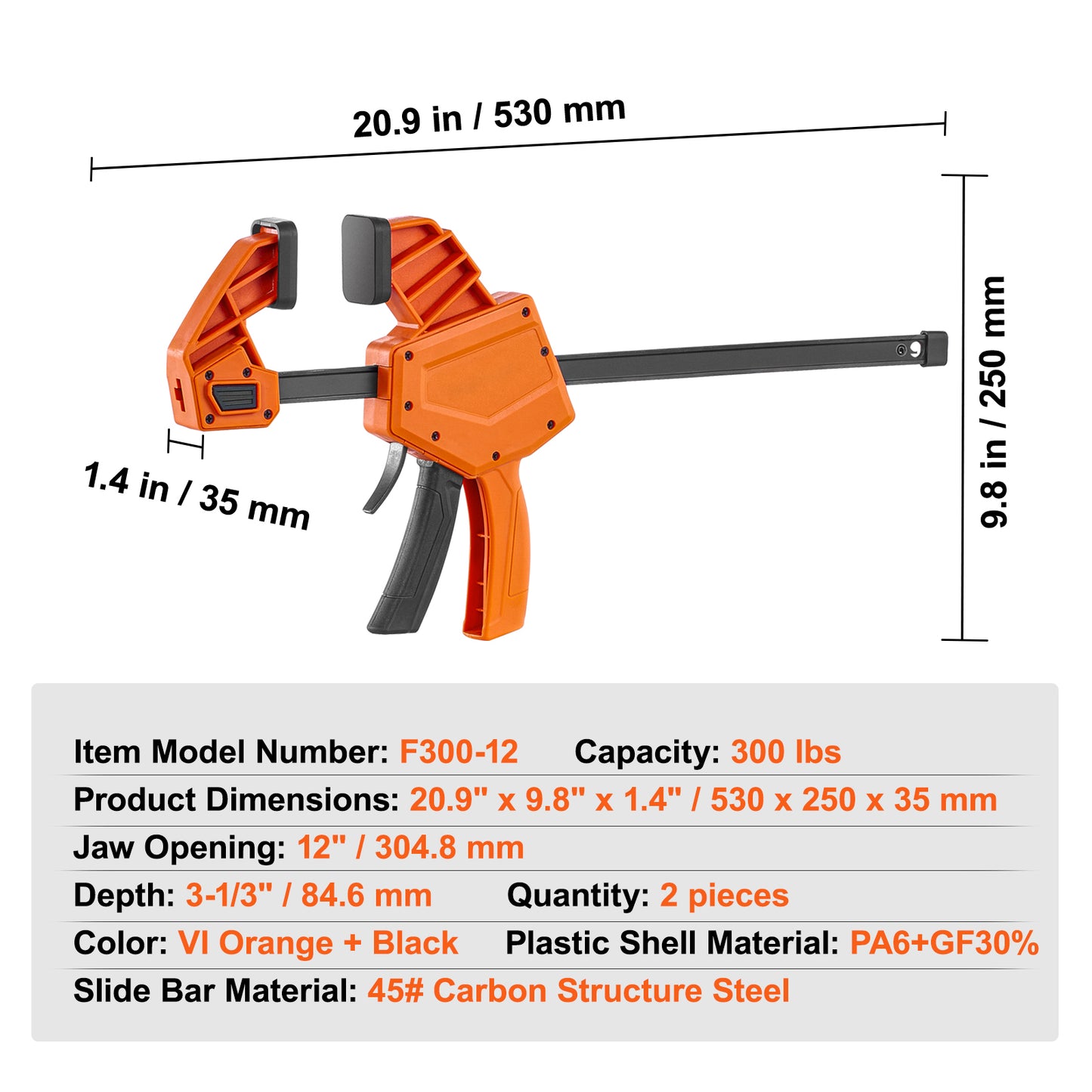 Bar Clamps for Woodworking, 2-Pack 12in One-Handed Clamp/Spreader, Quick-Change F Clamp with 300 lbs Load Limit, High-strength Plastic and Carbon Steel, Wood clamps for Woodworking Metal working