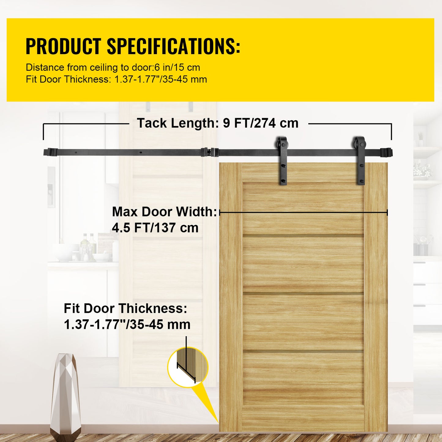 Sliding Barn Door Hardware Kit, 9FT Barn Door Kit, 330LBS Load-Bearing Double Barn Door Hardware Kit, Carbon Steel Barn Door Track, Darn Door for 1.37-1.77 Thickness 4.5FT Wide Door Panel
