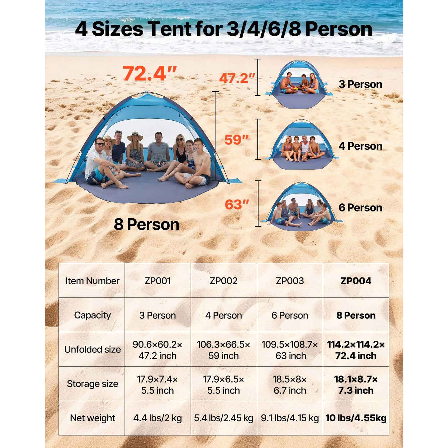 Beach Tent Sun Shelter for 8 Person, UPF 50+ Canopy with Detachable Privacy Curtains, Carrying Bag