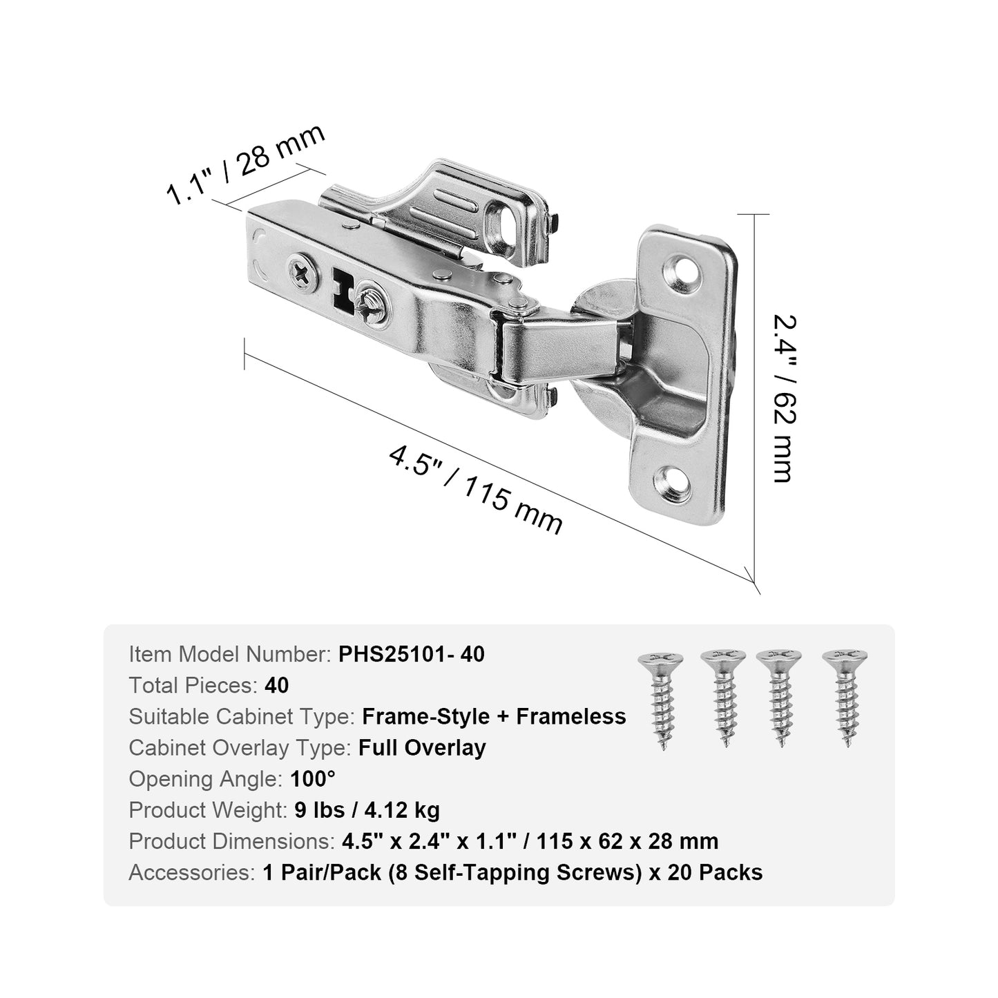 Cabinet Hinges, 40 Packs Full Overlay Kitchen Cabinet Door Hinges, 100 Degree Opening Angel Soft Close Concealed Cupboard Hinges for Framed + Frameless Cabinet Type, with Mounting Screws