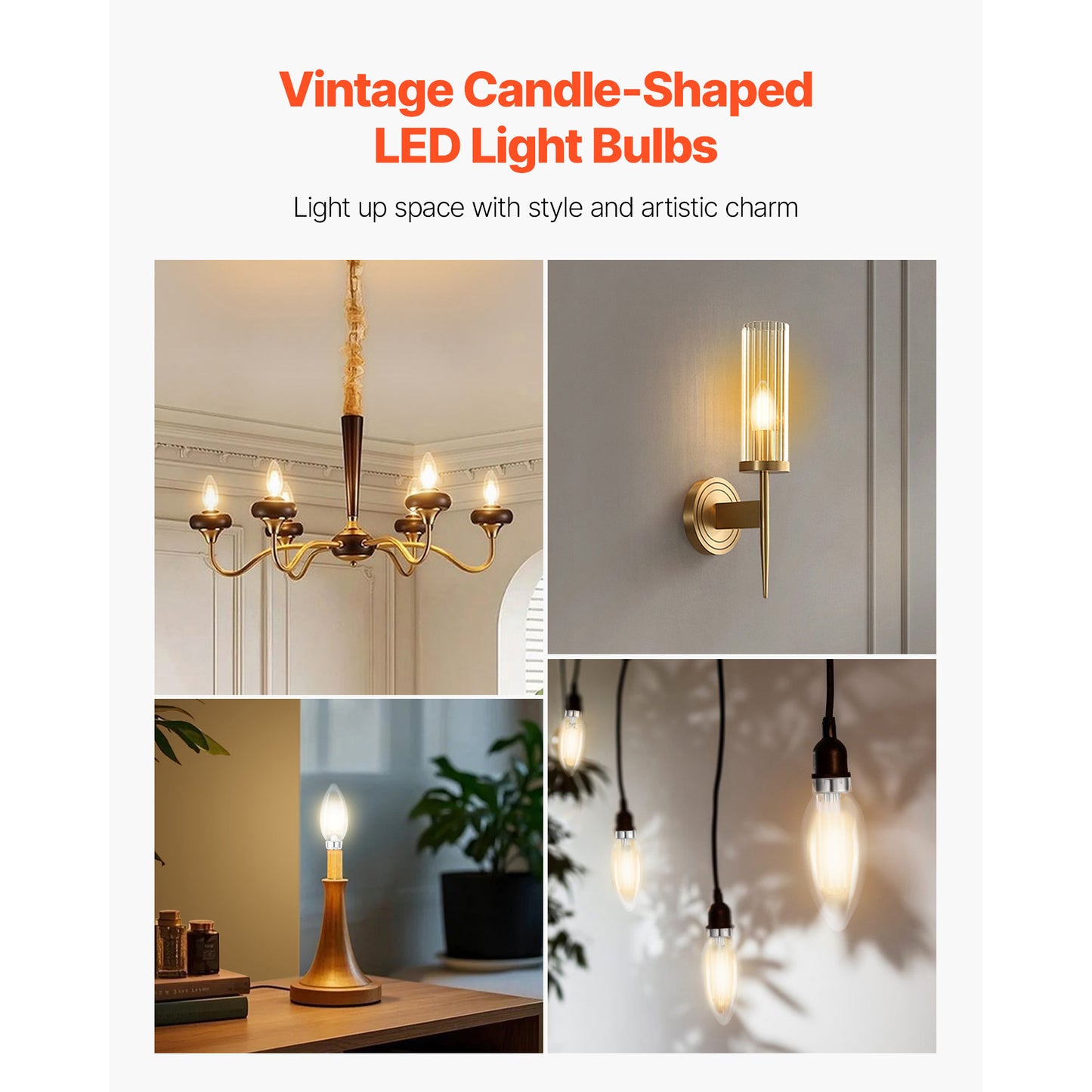 LED Candelabra Bulbs, 12 Pack, Dimmable E12 Base, Clear Glass, 2725K Warm Light, 90+ CRI