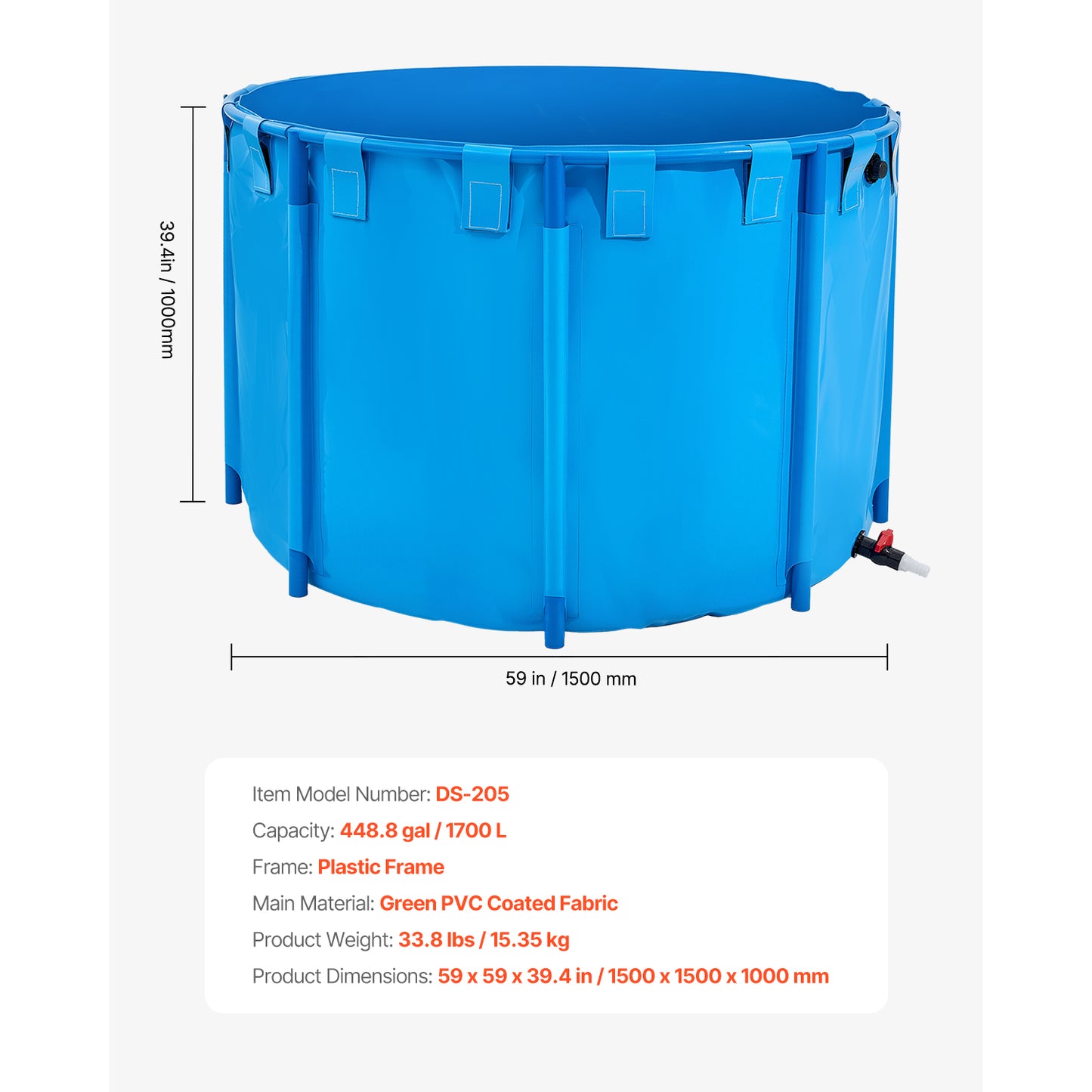 Canvas Fish Pond 448.8 Gal. Above-Ground Round Koi Tank 59 x 59 x 39.4 in. with Drain Valve, Blue