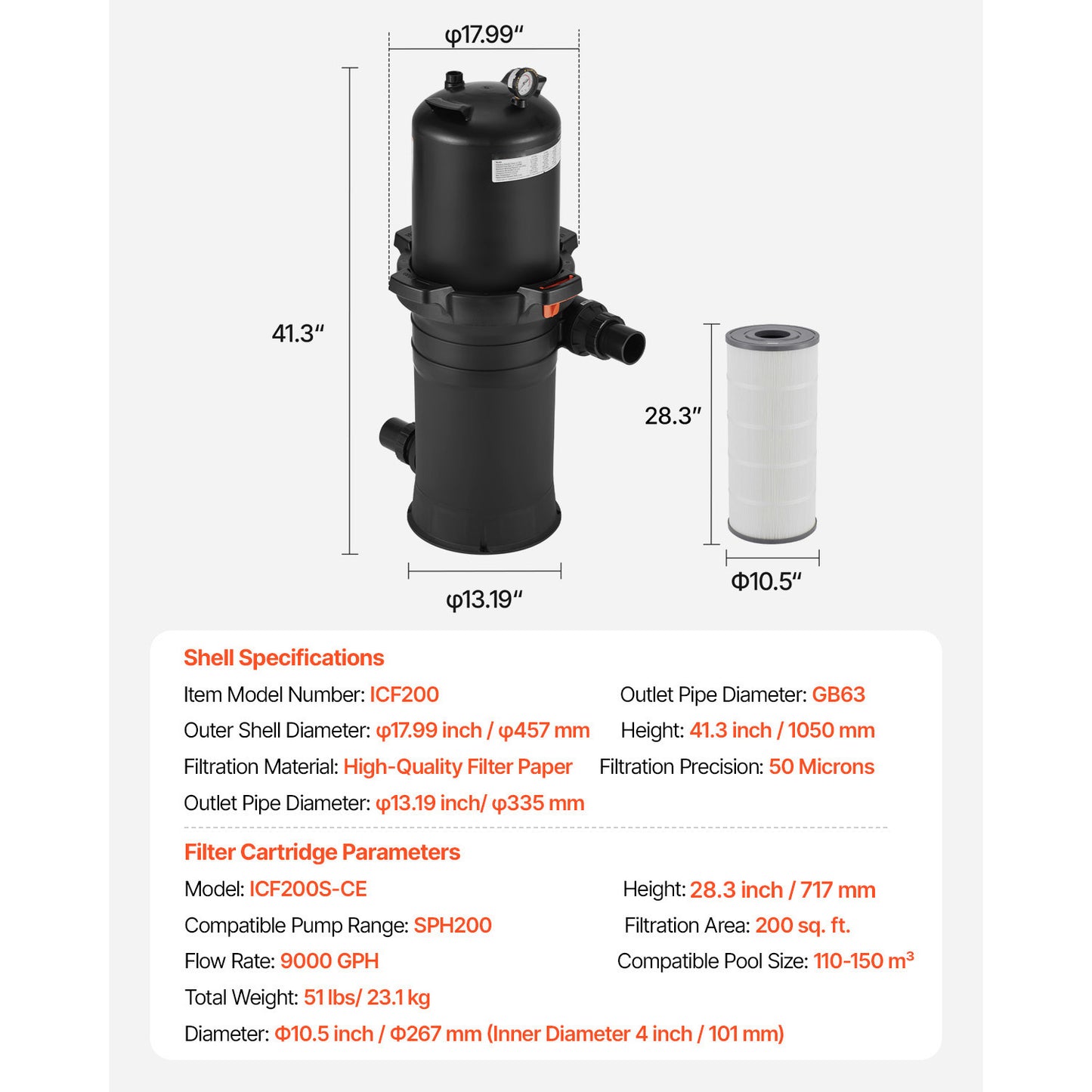 Cartridge Pool Filter, 200 sq. ft. Filter Area, 9000 GPH Swimming Pool Filtration System with 6-Way Valve